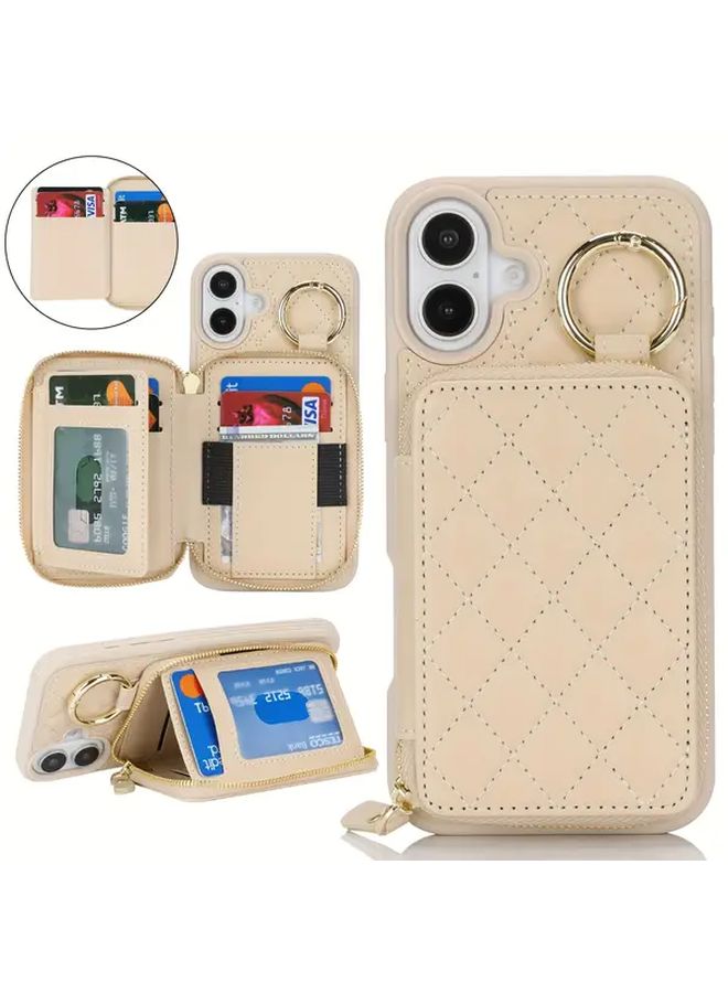 حافظة هاتف كاكي بمطبوع ليوبارد متوافقة مع آيفون 16 بلس، تحتوي على فتحة للبطاقات، حجرة بسحاب وحلقة حامل - Image 1