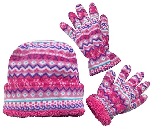 N'Ice Caps Girls Hat Gloves Set Kids Fleece Winter Warm Sherpa Lined Fair Isle (5-8 Years, Fuchsia Multicolor) - Image 1