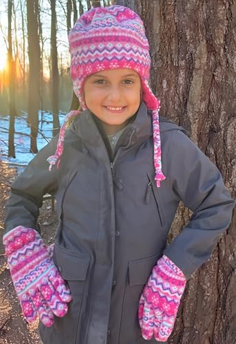 N'Ice Caps Girls Hat Gloves Set Kids Fleece Winter Warm Sherpa Lined Fair Isle (5-8 Years, Fuchsia Multicolor) - Image 5