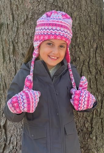 N'Ice Caps Girls Hat Gloves Set Kids Fleece Winter Warm Sherpa Lined Fair Isle (5-8 Years, Fuchsia Multicolor) - Image 4