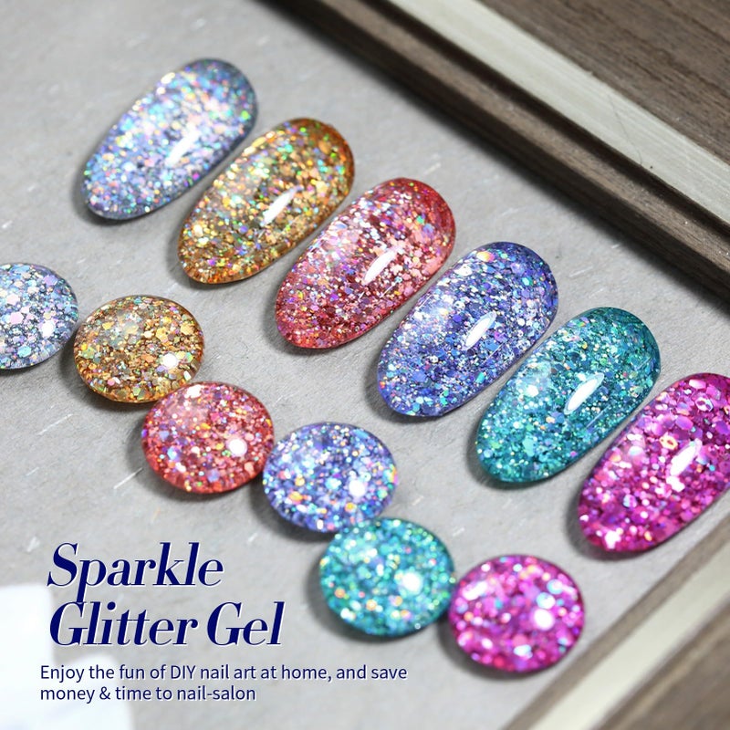 Born Pretty Glitter Gel Nail Polish Set Sparkly Shiny Gold Silver Pink Glitter Gel Polish Kit Soak Off U V Nail Gel Gift Box Nail Art Manicure Varnish Kit 7ML 6PCS - Image 2