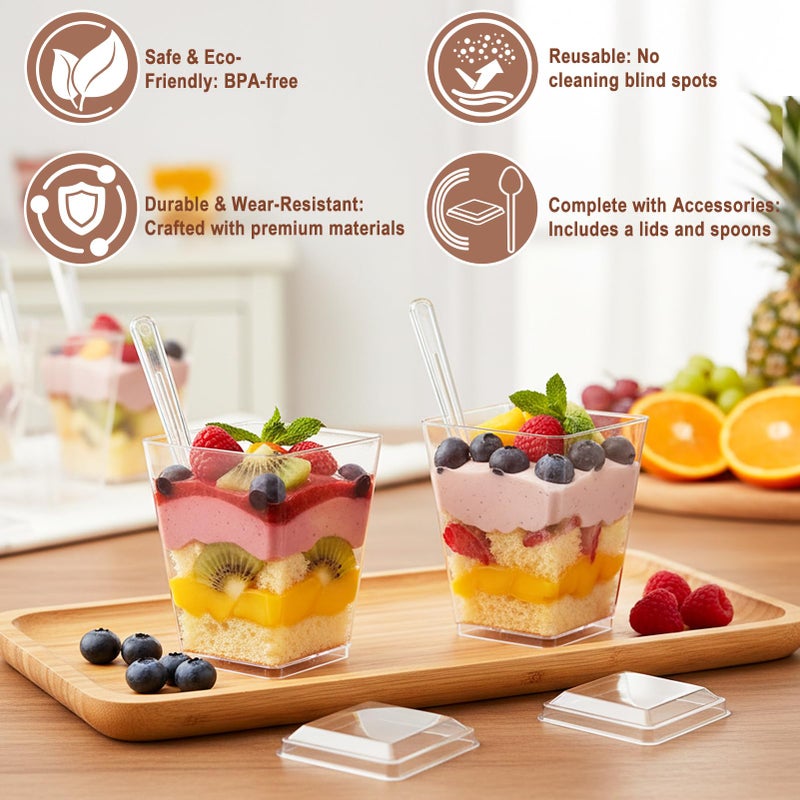Budiwati 200 Pcs 5 oz Clear Plastic Dessert Cups with Lids & Spoons, Reusable Parfait & Appetizer Cups, Mini Dessert Shooters for Pudding, Yogurt, Jello, Ice Cream, Trifle & Fruit, For Party & Wedding - Image 3