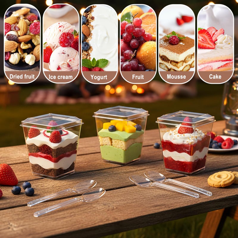 Budiwati 200 Pcs 5 oz Clear Plastic Dessert Cups with Lids & Spoons, Reusable Parfait & Appetizer Cups, Mini Dessert Shooters for Pudding, Yogurt, Jello, Ice Cream, Trifle & Fruit, For Party & Wedding - Image 4