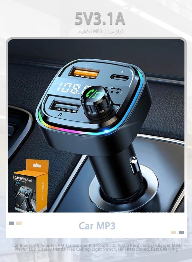 OALE In-Car FM Transmitter & USB/Type-C Charger with Bluetooth and Colorful LED Lights - Image 2
