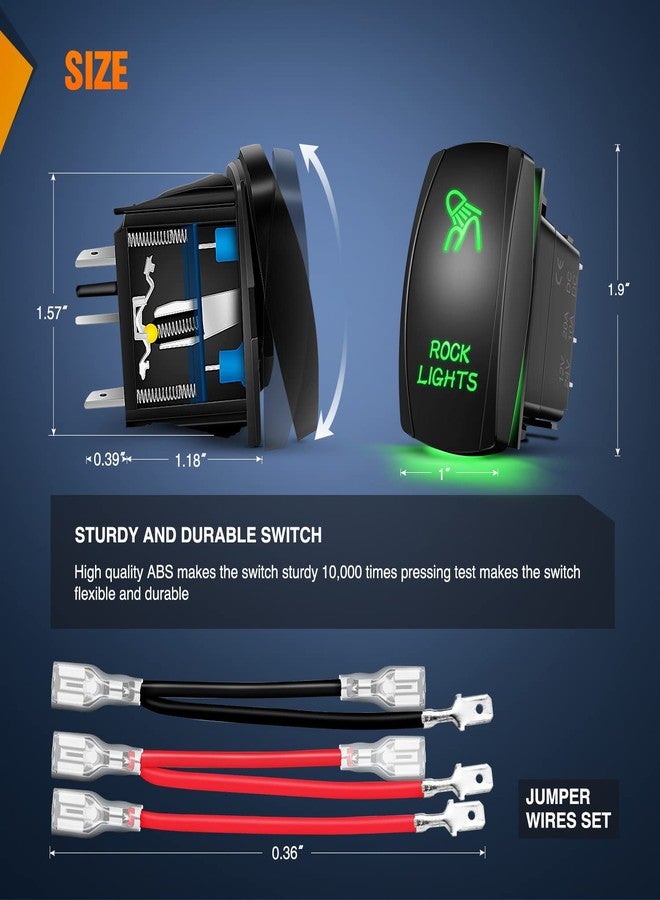 Nilight Rock Lights Rocker Switch Led Light Bar Switch 5Pin Laser On Off SPST switches 20A/12V 10A/24V Switch Green with Jumper Wires Set for Cars Trucks RVs,2 Years Warranty - Image 2