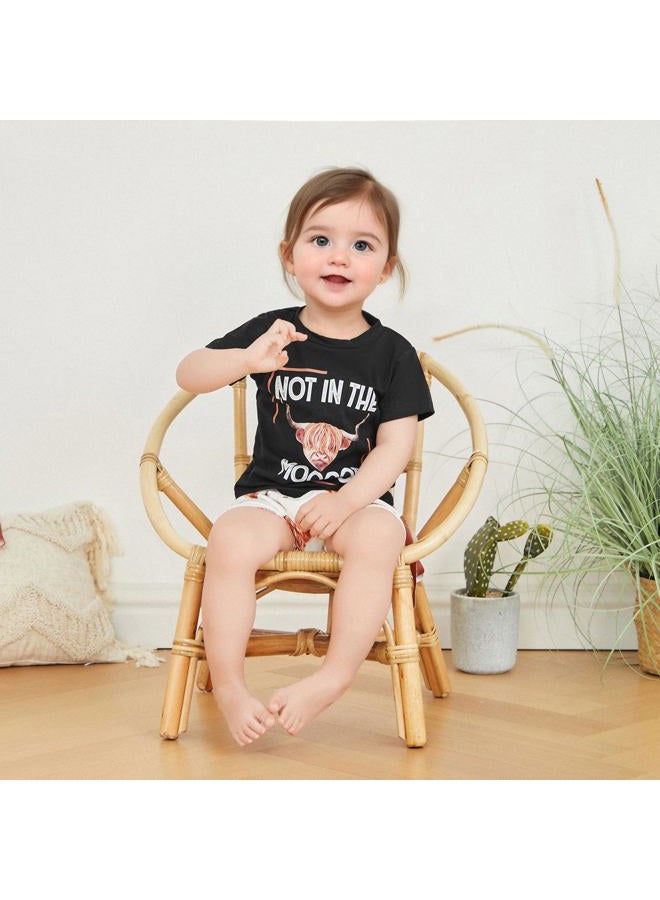 Fernvia Western Toddler Baby Girl Clothes Letter Short Sleeve T-Shirt Top + Tassel Shorts Outfits + Headband 3Pcs Set, Black, 6-12 Months - Image 3