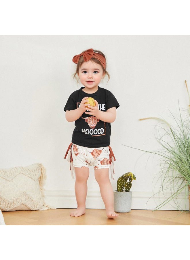 Fernvia Western Toddler Baby Girl Clothes Letter Short Sleeve T-Shirt Top + Tassel Shorts Outfits + Headband 3Pcs Set, Black, 6-12 Months - Image 2