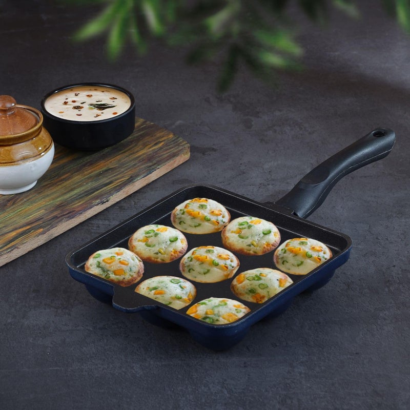 VINOD Vinod Aluminium Non Stick Kuzhi Paniyaram Pan 9 Cups 175cm Paniyarakal Appe PanAppam Patra3mm Thick 3 PlyMetal Spoon FriendlyGas Base 1 Year Warranty  - Image 2