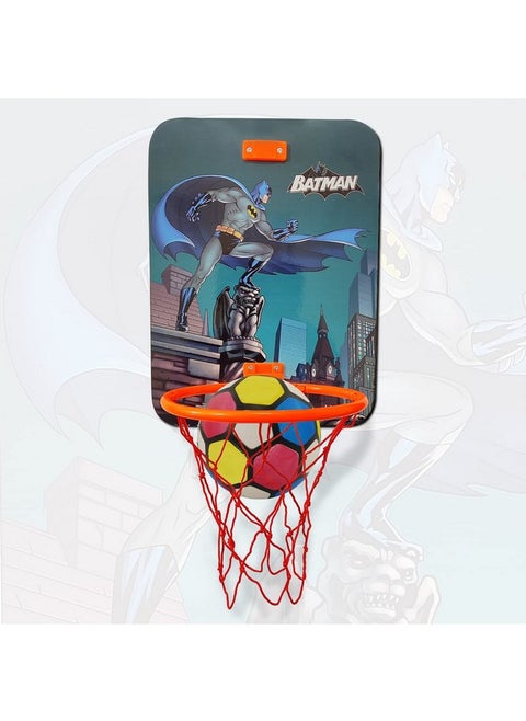Batman Small Basket Ball Kit Portable Set With Hanging Board Ring Net For Kids Playing Indoor Outdoor Basket Ball Hanging Board With Net & Ball Good Pastime Birthday & Return Gift Set (Multi)