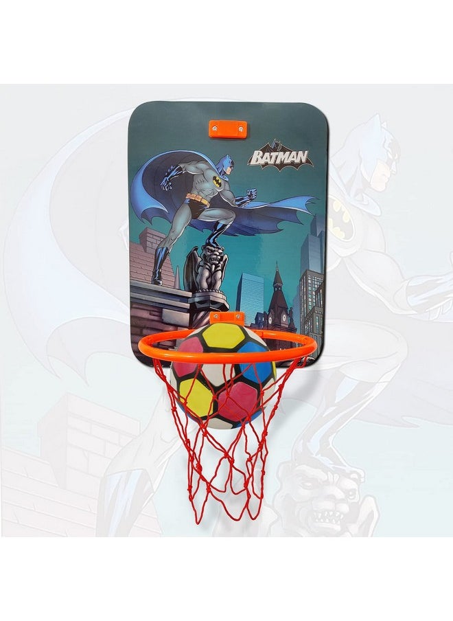 Batman Small Basket Ball Kit Portable Set With Hanging Board Ring Net For Kids Playing Indoor Outdoor Basket Ball Hanging Board With Net & Ball Good Pastime Birthday & Return Gift Set (Multi)