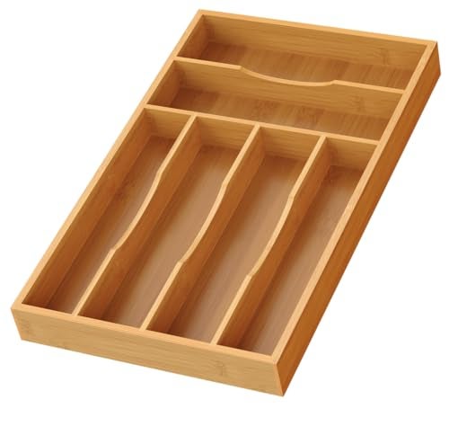 Bayting Bamboo Silverware Organizer Bamboo Kitchen Drawer Cutlery Organizer Utensil Holder Flatware Organizer Tray 158x95x16 - Image 1