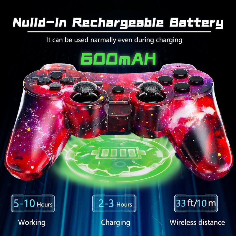 Degulan PS3 Controller Wireless, Gaming Remote Joystick for Playstation 3 with Charger Cable Cord (Red Star, Black Ghost) - Image 4