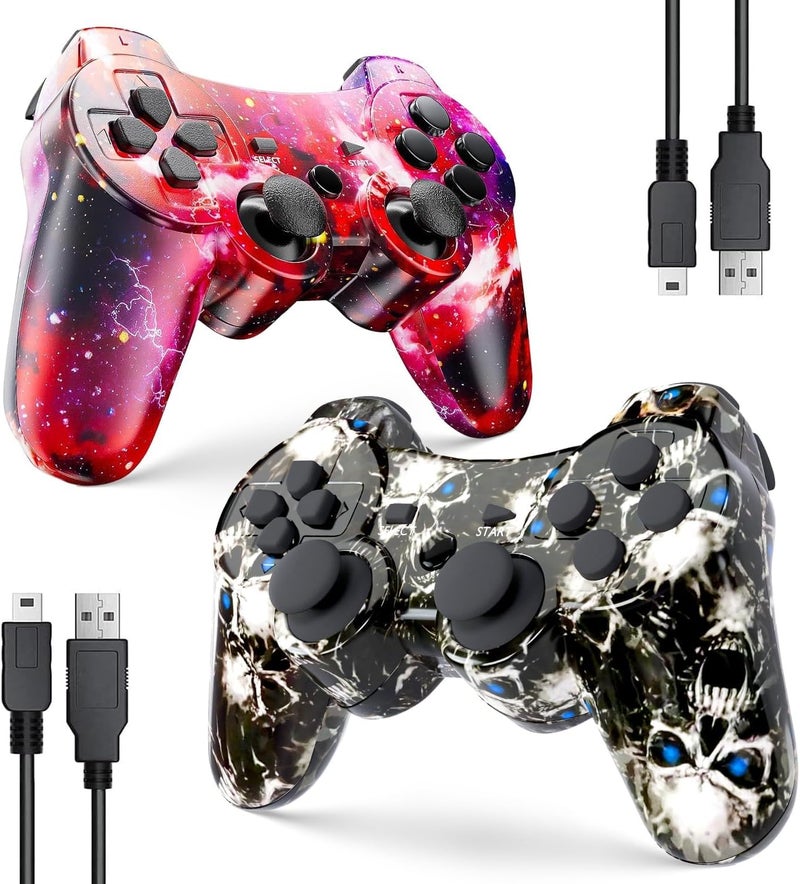Degulan PS3 Controller Wireless, Gaming Remote Joystick for Playstation 3 with Charger Cable Cord (Red Star, Black Ghost) - Image 1