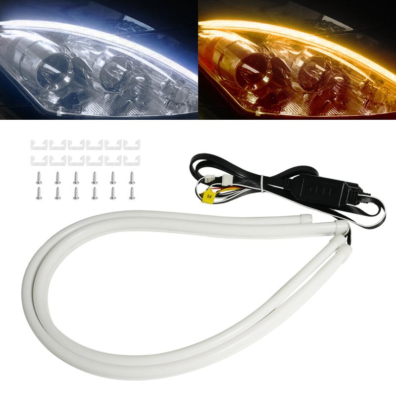 Qasim Sequential LED Strip, 12inch Car LED Flexible Strip Lights Turn Signal Switchback White/Amber Daytime Running Light for Headlights Retrofit-1Pair - Image 1