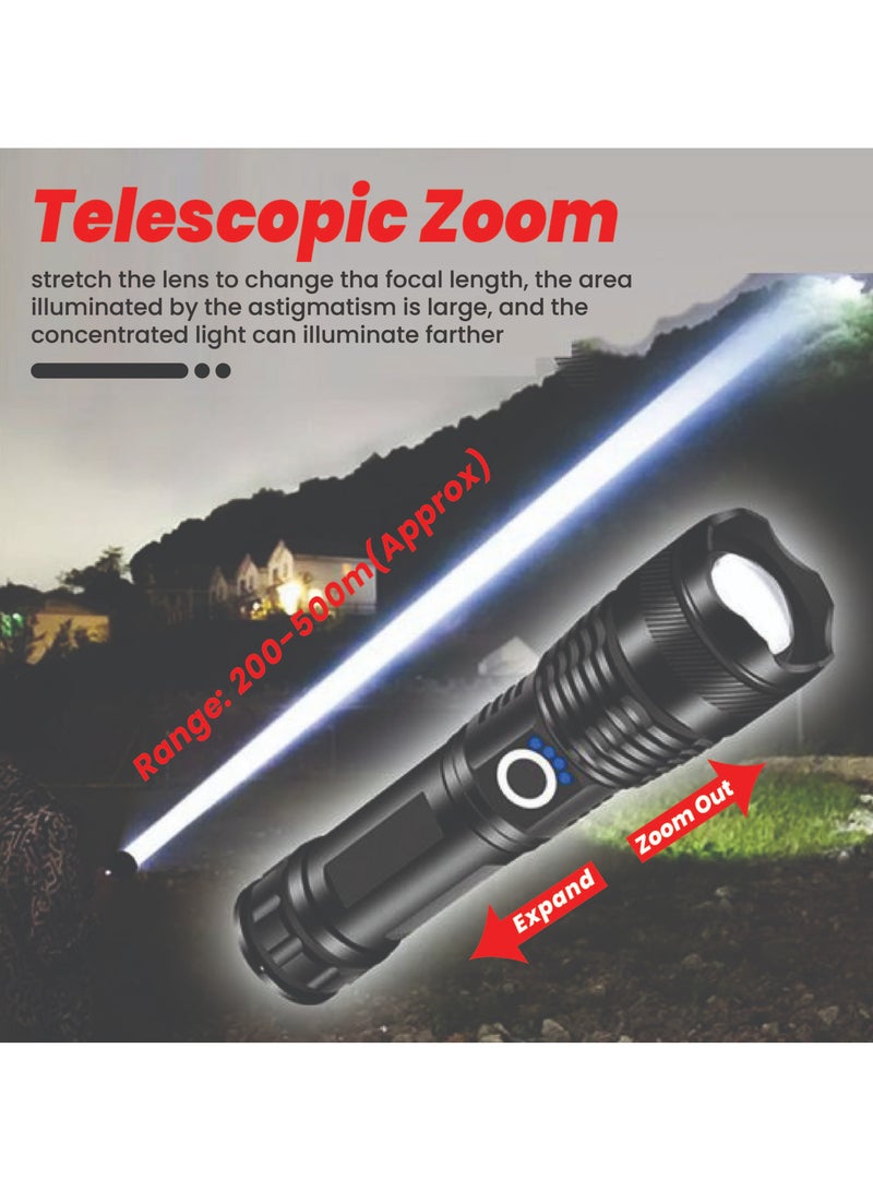 Rechargeable Torch Flashlight for Camping, Hiking, Emergencies - Ultra Bright 90000 Lumens, Type C Charging, 5 Lighting Modes, Waterproof, Adjustable Focus - Image 2