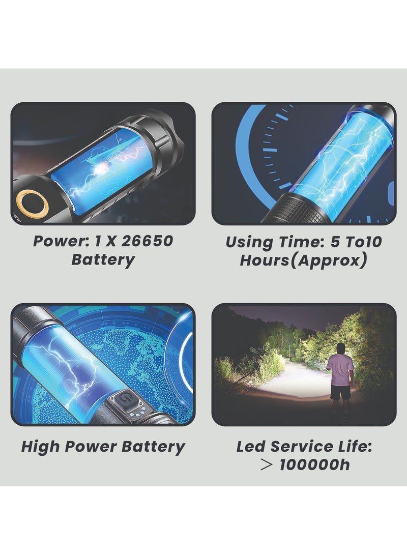 Rechargeable Torch Flashlight for Camping, Hiking, Emergencies - Ultra Bright 90000 Lumens, Type C Charging, 5 Lighting Modes, Waterproof, Adjustable Focus - Image 4