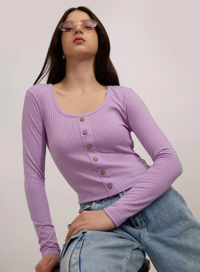 OUTZIDR Purple Scoop Neck Button Down Ribbed Top