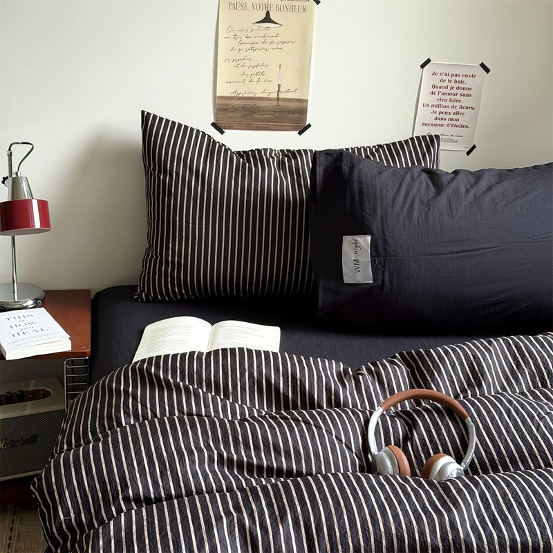 4pcs Striped Minimalist Style Bedding, Includes 1 Duvet Cover, 2 Pillowcases, and 1 Flat Sheet, No Filler. High-Count, High-Density, Wear-Resistant, Durable, and Pilling-Resistant. Suitable for Home Bedrooms, Hotel/Guesthouses, Rental Rooms, and Dorm - Image 5