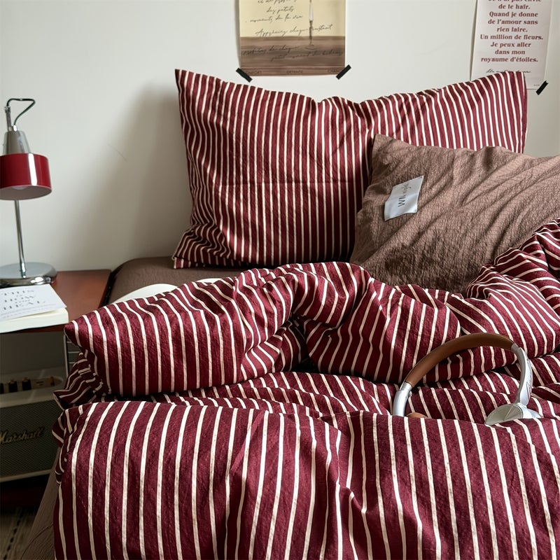 4pcs Striped Minimalist Style Bedding, Includes 1 Duvet Cover, 2 Pillowcases, and 1 Flat Sheet, No Filler. High-Count, High-Density, Wear-Resistant, Durable, and Pilling-Resistant. Suitable for Home Bedrooms, Hotel/Guesthouses, Rental Rooms, and Dorm - Image 1
