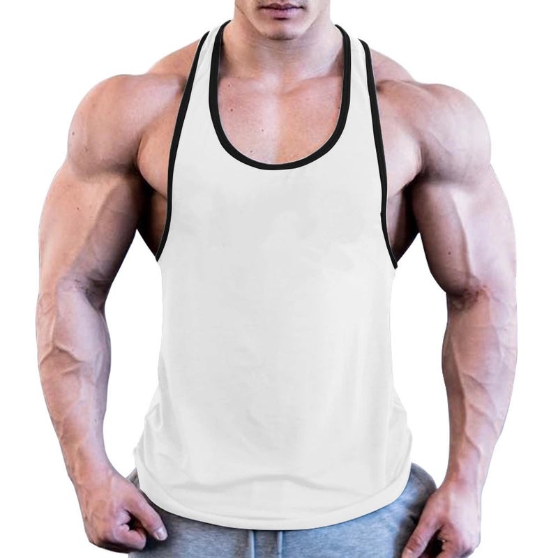 Mens Cotton Fitness Tank Top Summer Solid Color White and Black Edge 
