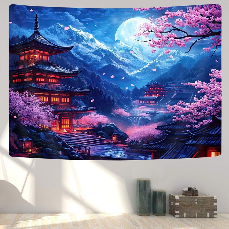 GOAOK Japanese Tapestry, Purple Cherry Blossom Floral Asian Chinese Oriental Tapestry Wall Haning, Cool Japan Anime Moon Night Mountains Abstract Ink Painting Tapestries for Bedroom Living Room 40"x30" - Image 5