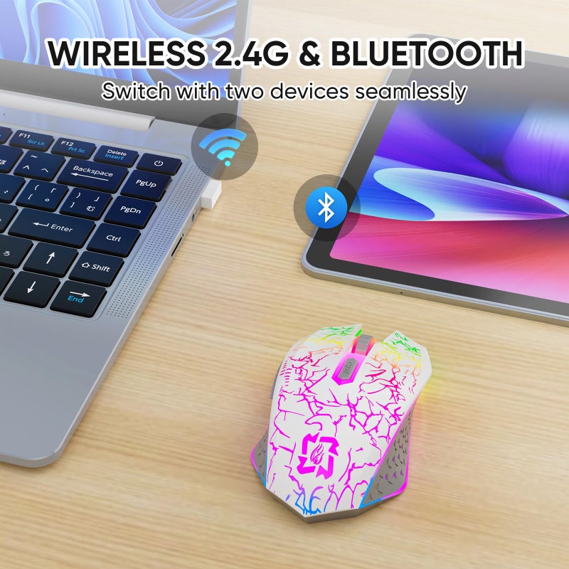 MELOGAGA Bluetooth Mouse Wireless Gaming Mouse, 2.4G Cordless RGB Rechargeable PC Game Mouse Computer Mice for Laptop Desktop -White - Image 2