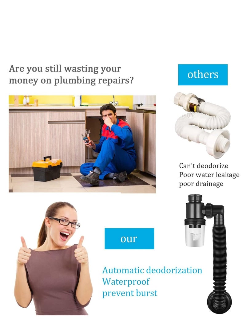 إكسفور Bathroom Sink Drain Kit Sink Drain Pipe, with Flexible Expandable P-Trap Sink Drain Pipe Tube, Suitable for Bathroom Sink, Kitchen Sink, Garbage Disposal  Shampoo Bowls - Image 3