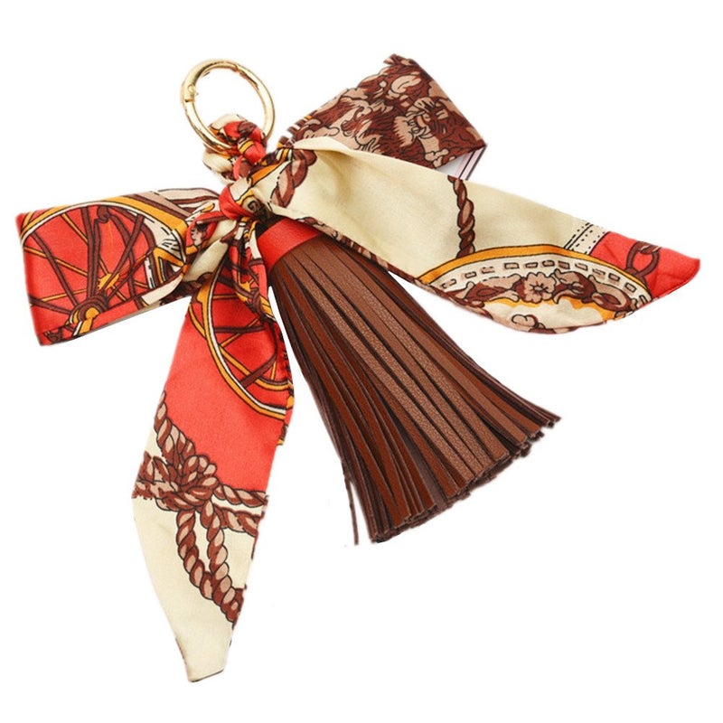 QTMY Silk Ribbon Bow Tassel Bag Pendant Charm Keyring Keychain for Women Purse Handbag Decor (Brown) - Image 1