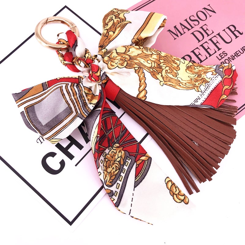 QTMY Silk Ribbon Bow Tassel Bag Pendant Charm Keyring Keychain for Women Purse Handbag Decor (Brown) - Image 2