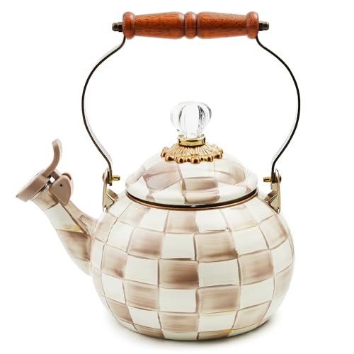 mackenzie childs MACKENZIECHILDS Enamel Whistling Tea Kettle Decorative Teapot for Stovetop BrownandWhite Mocha Check - Image 1