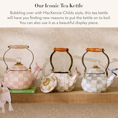 mackenzie childs MACKENZIECHILDS Enamel Whistling Tea Kettle Decorative Teapot for Stovetop BrownandWhite Mocha Check - Image 3