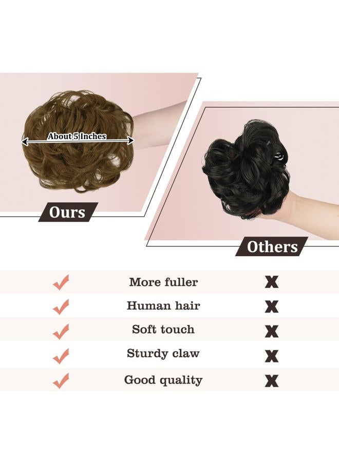 RUWISS Claw Clip Messy Bun Hair Piece Real Human Hair Buns Wavy Curly Chignon Hair Bun Extensions Tousled Updo Claw Clip Ponytail Hairpieces (Light Brown) - Image 3