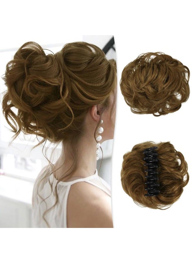 RUWISS Claw Clip Messy Bun Hair Piece Real Human Hair Buns Wavy Curly Chignon Hair Bun Extensions Tousled Updo Claw Clip Ponytail Hairpieces (Light Brown) - Image 1