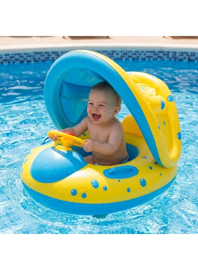 Baby Inflatable Swim Float with Sun Canopy, Steering Wheel, Safe Toddler Pool Float Seat for Summer Water Fun - Image 1