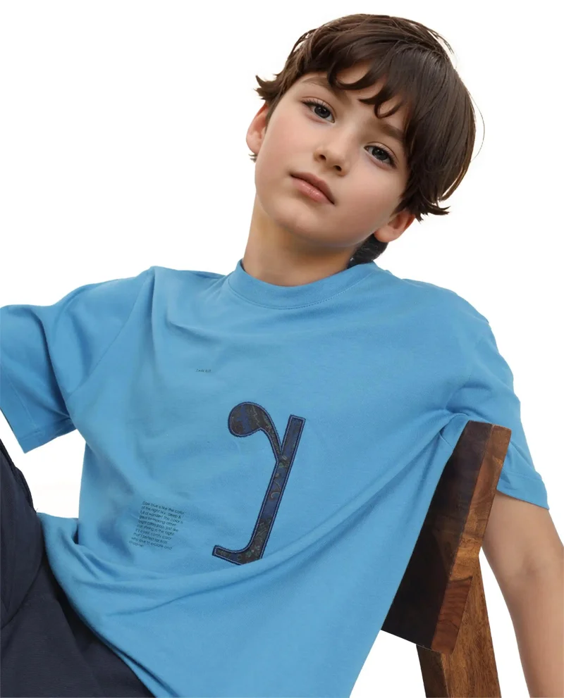 Rare Ones Rare Ones Kids Vel Blue Cotton Half Sleeves Crew Neck Embroidered Print T-Shirt