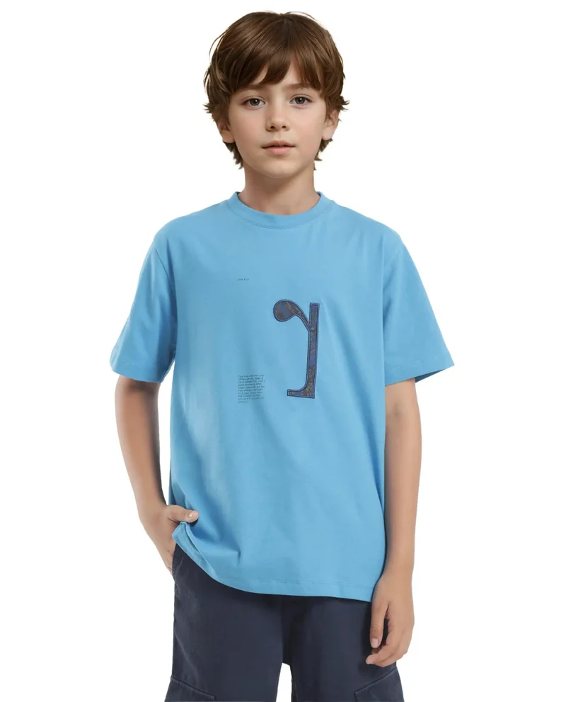 Rare Ones Rare Ones Kids Vel Blue Cotton Half Sleeves Crew Neck Embroidered Print T-Shirt