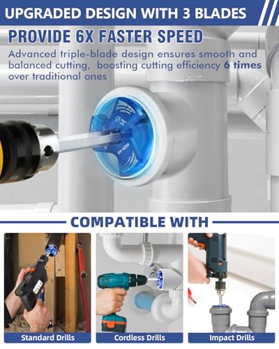 ERAYCO 4 Inch Triple Blade PVC Pipe Reamer Plastic Pipe Fitting Reamer Fit into Standard 12 Drills for Use with SCH40 PVC ABS CPVC Pipe - Image 3