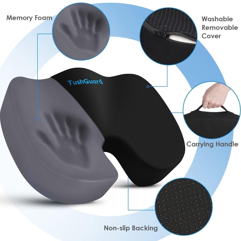 TushGuard Seat Cushion for Office Chair Memory Foam Non-Slip Desk Seat Cushion Back, Coccyx, Sciatica, Tailbone Pain Relief Butt Pillow for Office Chair, Car, Wheelchair, Black - Image 3