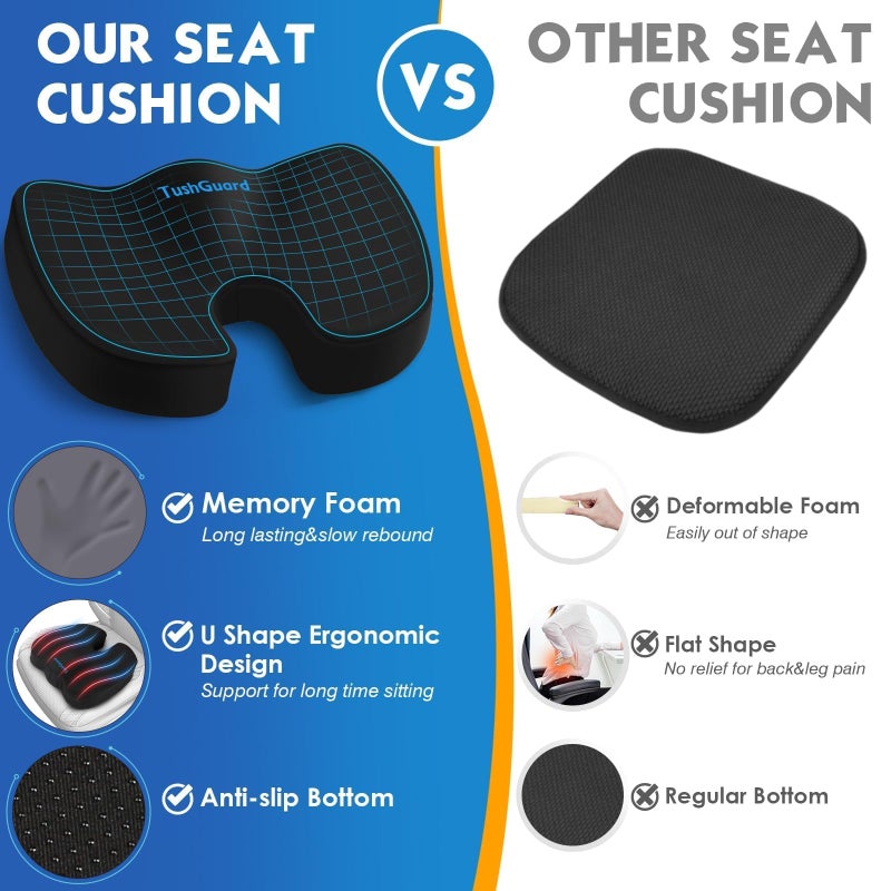 TushGuard Seat Cushion for Office Chair Memory Foam Non-Slip Desk Seat Cushion Back, Coccyx, Sciatica, Tailbone Pain Relief Butt Pillow for Office Chair, Car, Wheelchair, Black - Image 4