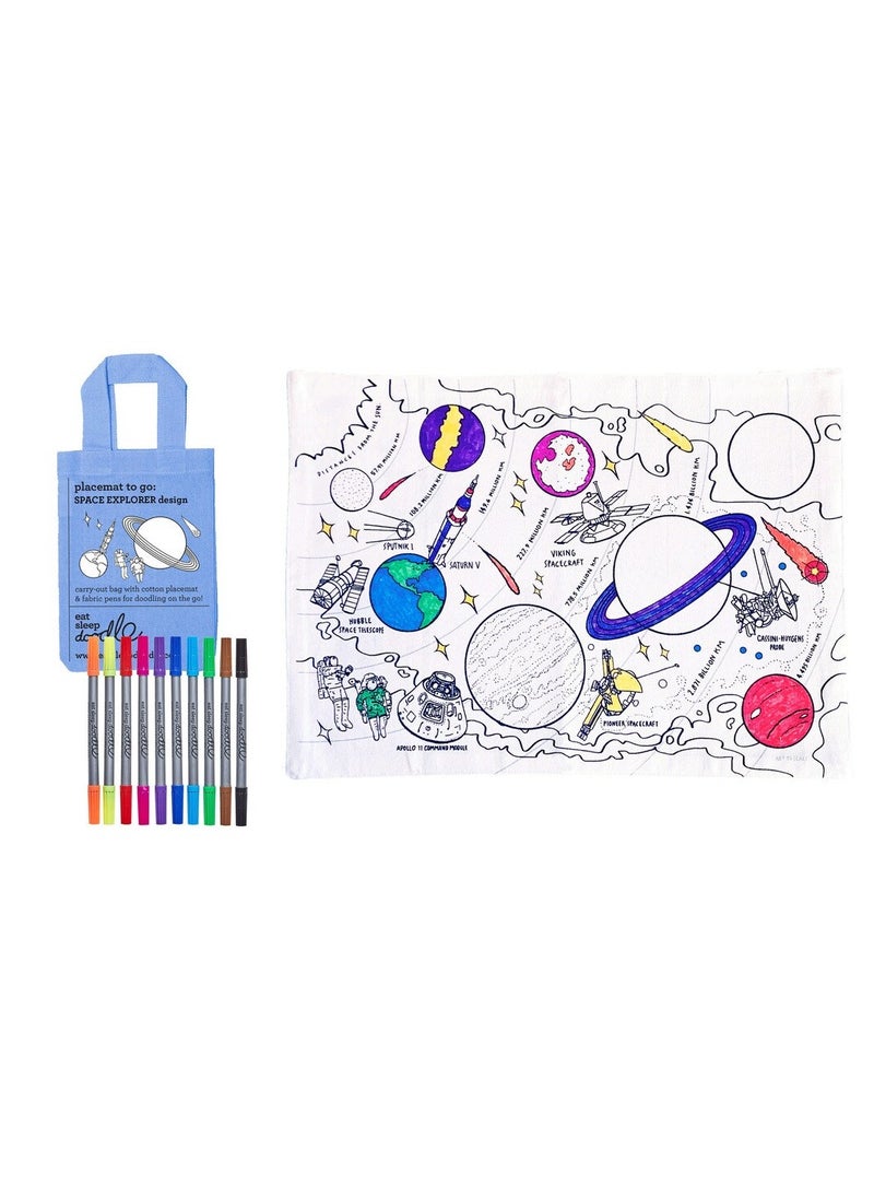 eatsleepdoodle Space Explorer Coloring Placemat – Reusable, Washable with 10 Markers, Fun & Educational Gift  - Image 1