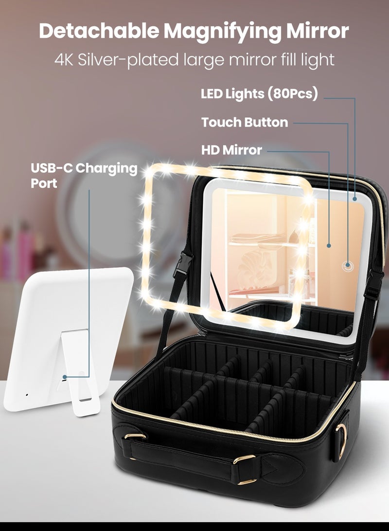 Moxedo حقيبة مكياج محمولة 2 في 1 من موكسيدو مع مرآة إضاءة LED مدمجة ومنظم مكياج بإضاءة 3 ألوان مع مقسم قابل للتعديل وحقيبة تخزين مستحضرات التجميل - Image 2