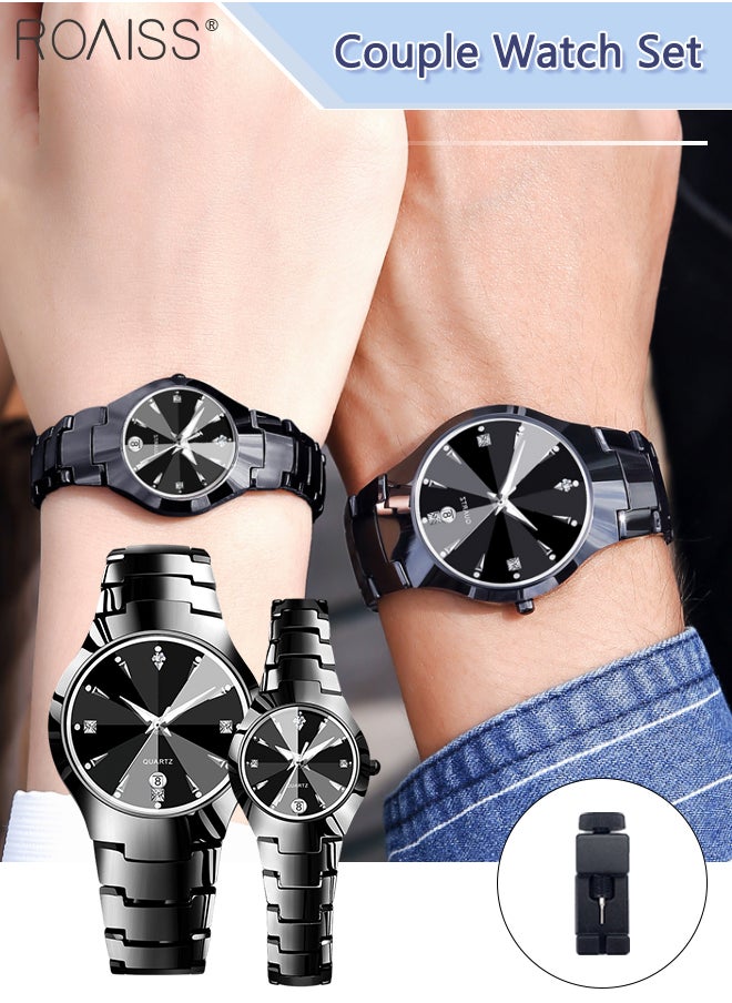 roaiss Stainless Steel Strap Couple Quartz Watch Set, Analog Display Round Dial with Rhinestones Decoration, Luxurious Luminous Waterproof Calendar Watch Gift for Men Women  - Image 1