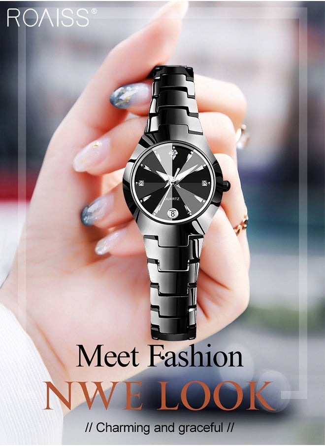 roaiss - Stainless Steel Strap Couple Quartz Watch Set, Analog Display Round Dial with Rhinestones Decoration, Luxurious Luminous Waterproof Calendar Watch Gift for Men Women - Image 1