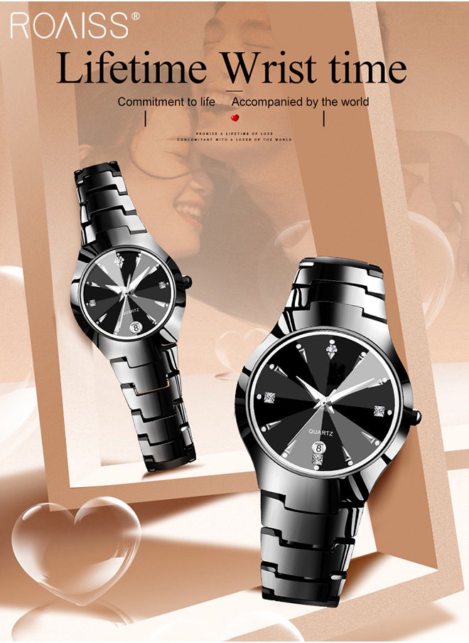 roaiss Stainless Steel Strap Couple Quartz Watch Set, Analog Display Round Dial with Rhinestones Decoration, Luxurious Luminous Waterproof Calendar Watch Gift for Men Women  - Image 3