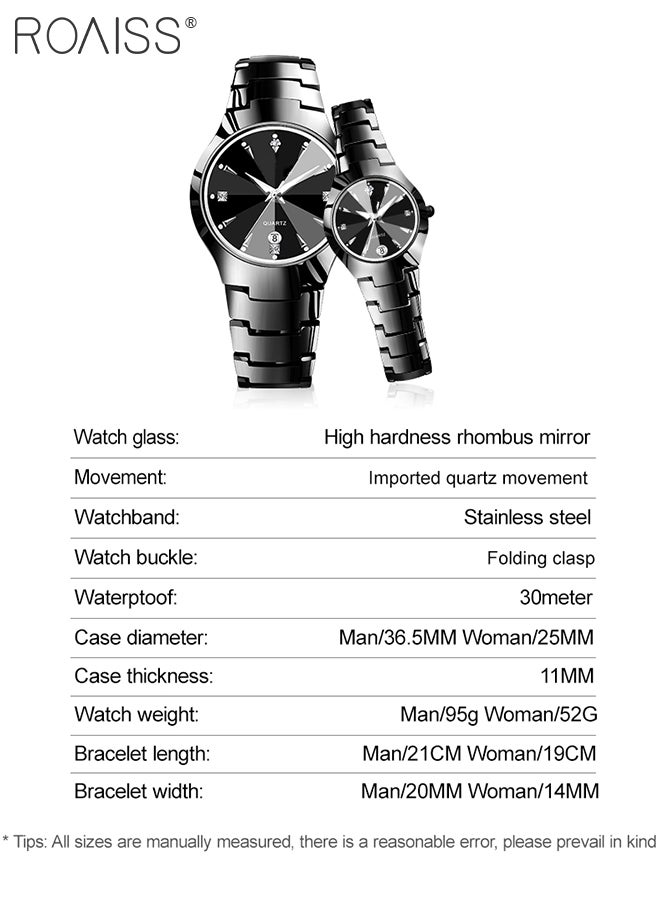 roaiss Stainless Steel Strap Couple Quartz Watch Set, Analog Display Round Dial with Rhinestones Decoration, Luxurious Luminous Waterproof Calendar Watch Gift for Men Women  - Image 4