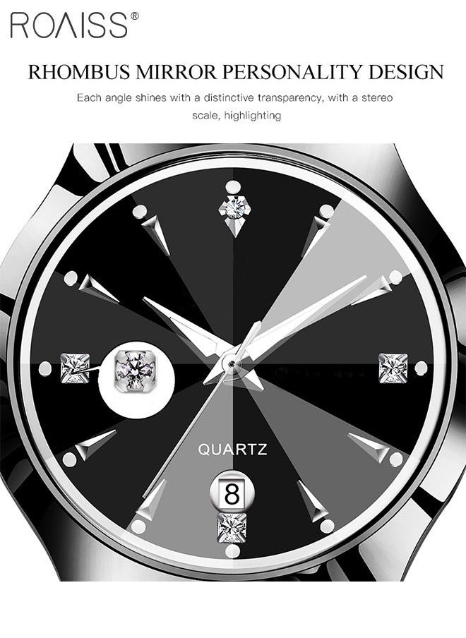 roaiss - Stainless Steel Strap Couple Quartz Watch Set, Analog Display Round Dial with Rhinestones Decoration, Luxurious Luminous Waterproof Calendar Watch Gift for Men Women - Image 1