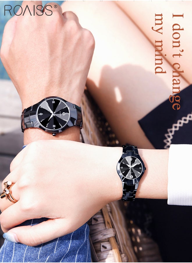 roaiss - Stainless Steel Strap Couple Quartz Watch Set, Analog Display Round Dial with Rhinestones Decoration, Luxurious Luminous Waterproof Calendar Watch Gift for Men Women - Image 1