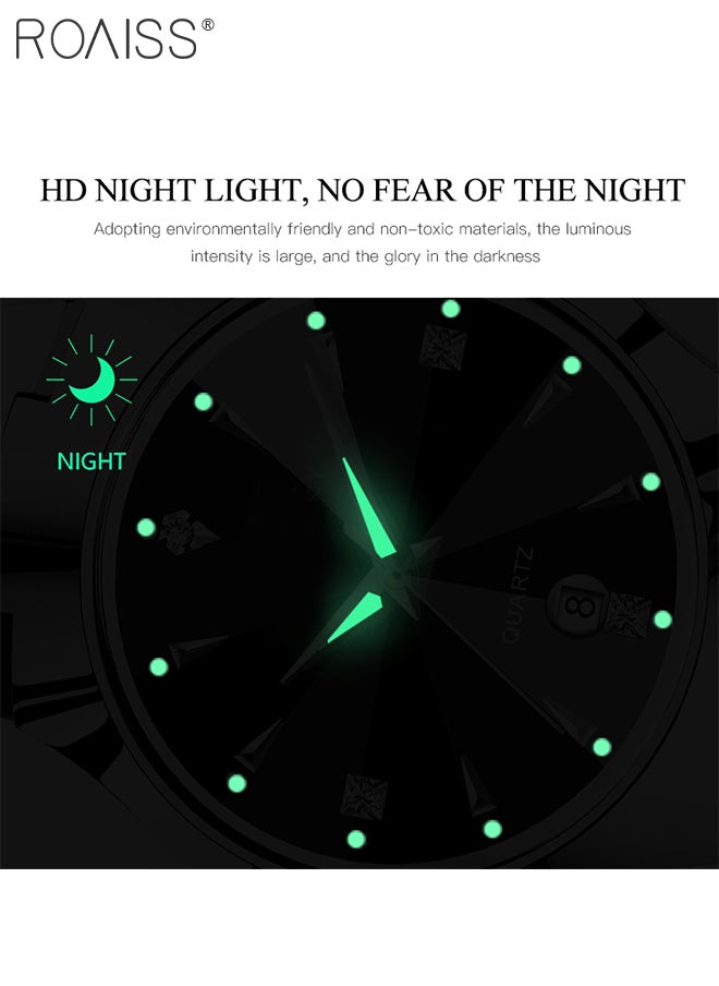 roaiss - Stainless Steel Strap Couple Quartz Watch Set, Analog Display Round Dial with Rhinestones Decoration, Luxurious Luminous Waterproof Calendar Watch Gift for Men Women - Image 1