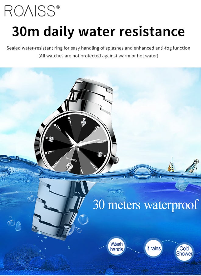 roaiss - Stainless Steel Strap Couple Quartz Watch Set, Analog Display Round Dial with Rhinestones Decoration, Luxurious Luminous Waterproof Calendar Watch Gift for Men Women - Image 1