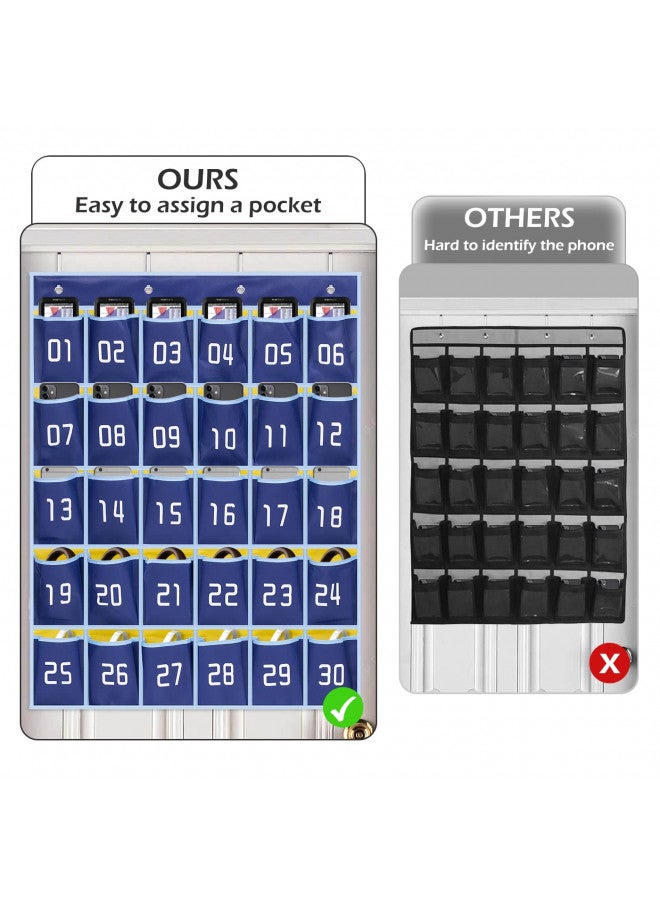 MISSLO حامل آلة حاسبة للهاتف المحمول من ميسلو للفصول الدراسية مع 30 جيب مرقم - مخطط للتعليق على الحائط أو الباب (أزرق) - Image 3